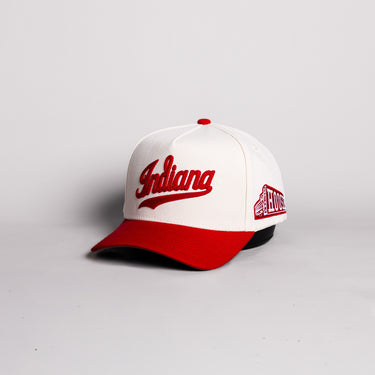 Indiana Hoosiers Script Hat Cream Cotton Crimson Brim Hoosiers Pennant Patch Snapback - Angled View