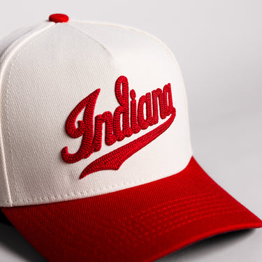 Indiana Hoosiers Script Hat Cream Cotton Crimson Brim Hoosiers Pennant Patch Snapback - Front Detail