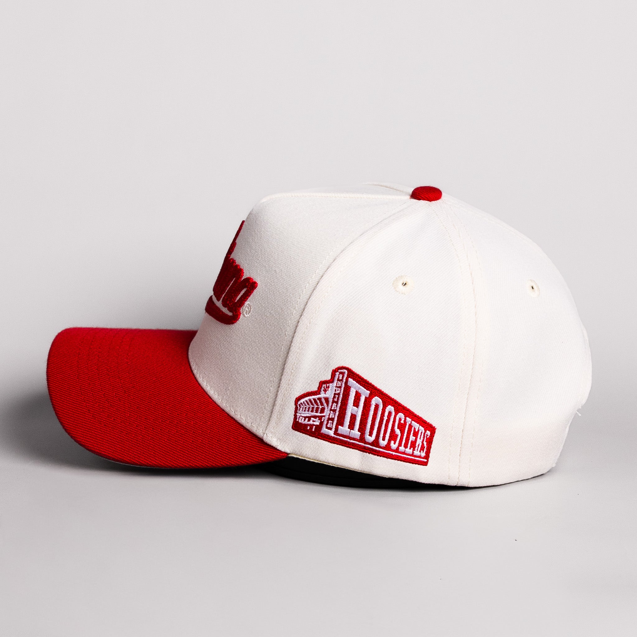 Indiana Hoosiers Script Hat Cream Cotton Crimson Brim Hoosiers Pennant Patch Snapback - Side Patch