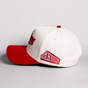 Indiana Hoosiers Script Hat Cream Cotton Crimson Brim Hoosiers Pennant Patch Snapback - Side Patch