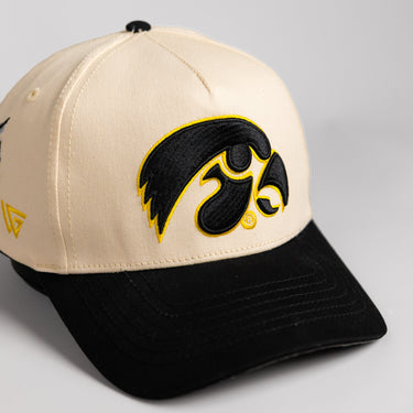 Iowa Hawkeyes Hat Cream & Black Suede Full Stadium - Angled View