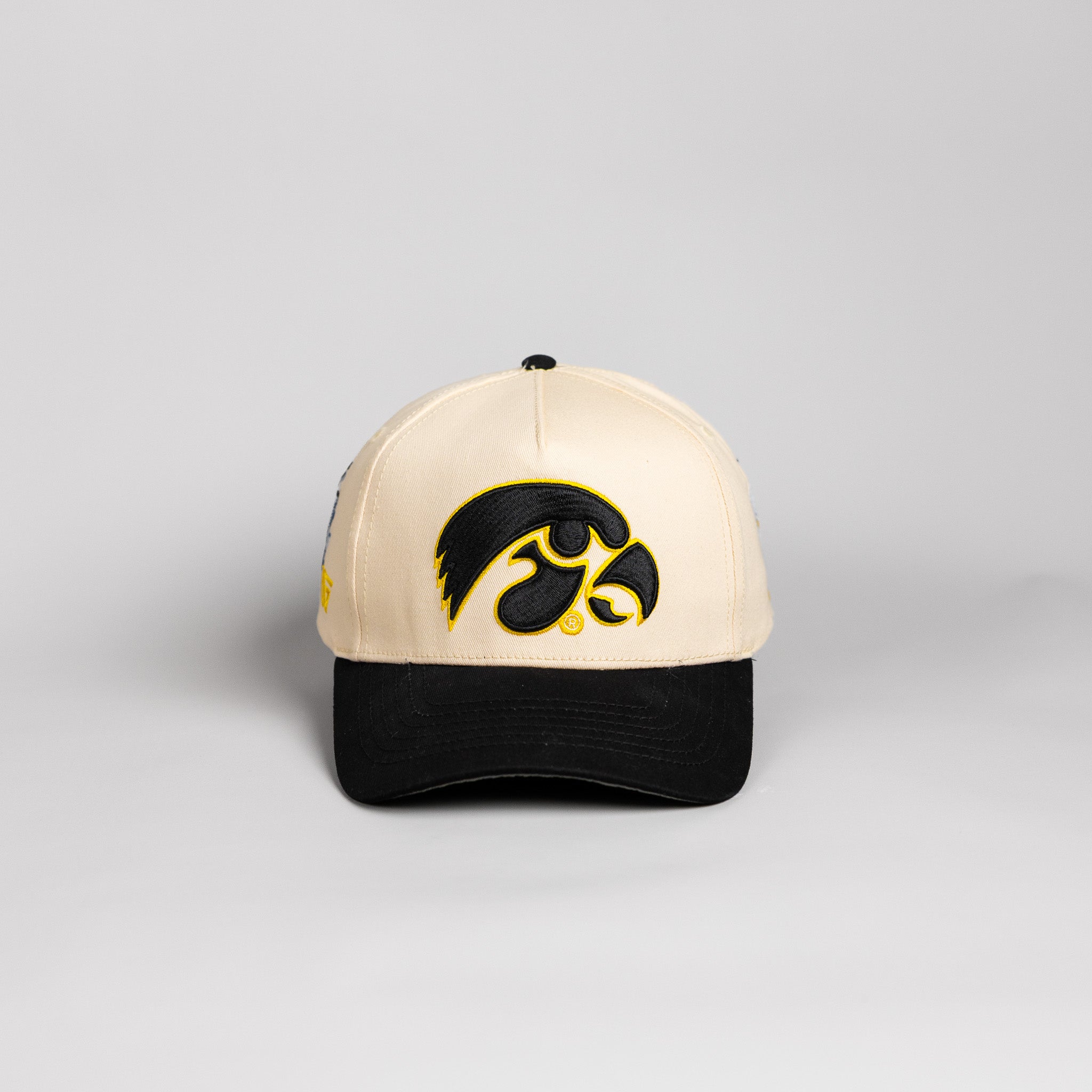 Iowa Hawkeyes Hat Cream & Black Suede Full Stadium - Front Panel