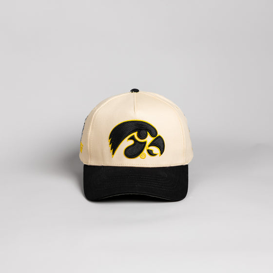 Iowa Hawkeyes Hat Cream & Black Suede Full Stadium - Front Panel