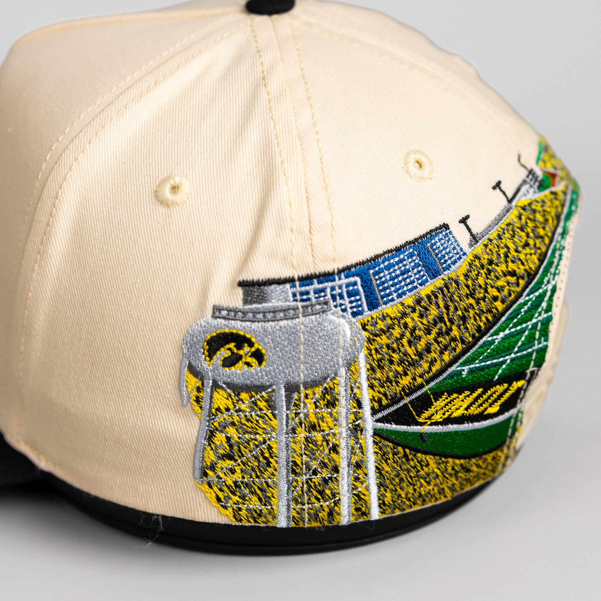 Iowa Hawkeyes Hat Cream & Black Suede Full Stadium - Side Stadium