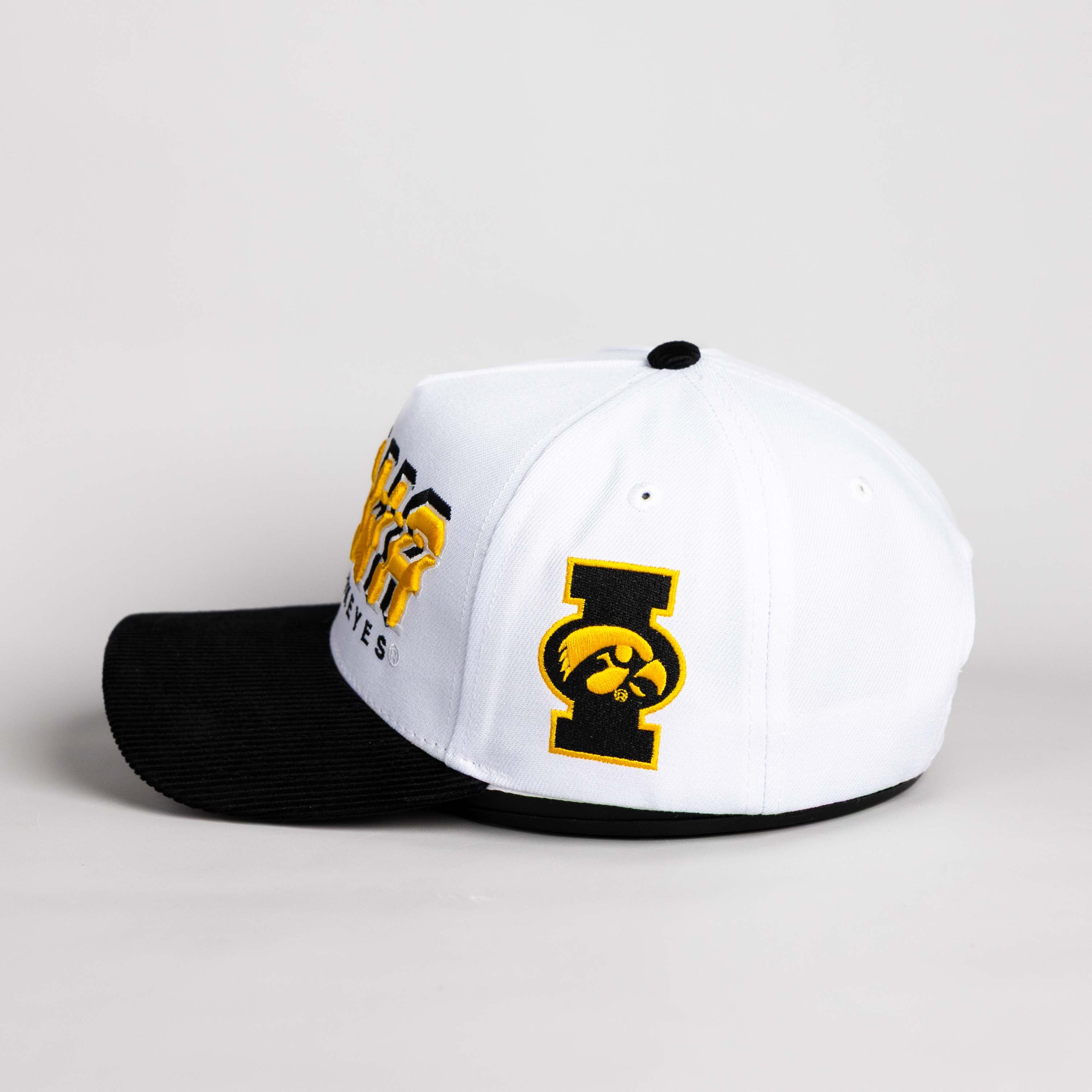 Iowa Hawkeyes Hat White & Black Corduroy Stadium Pulse Snapback - Side Patch