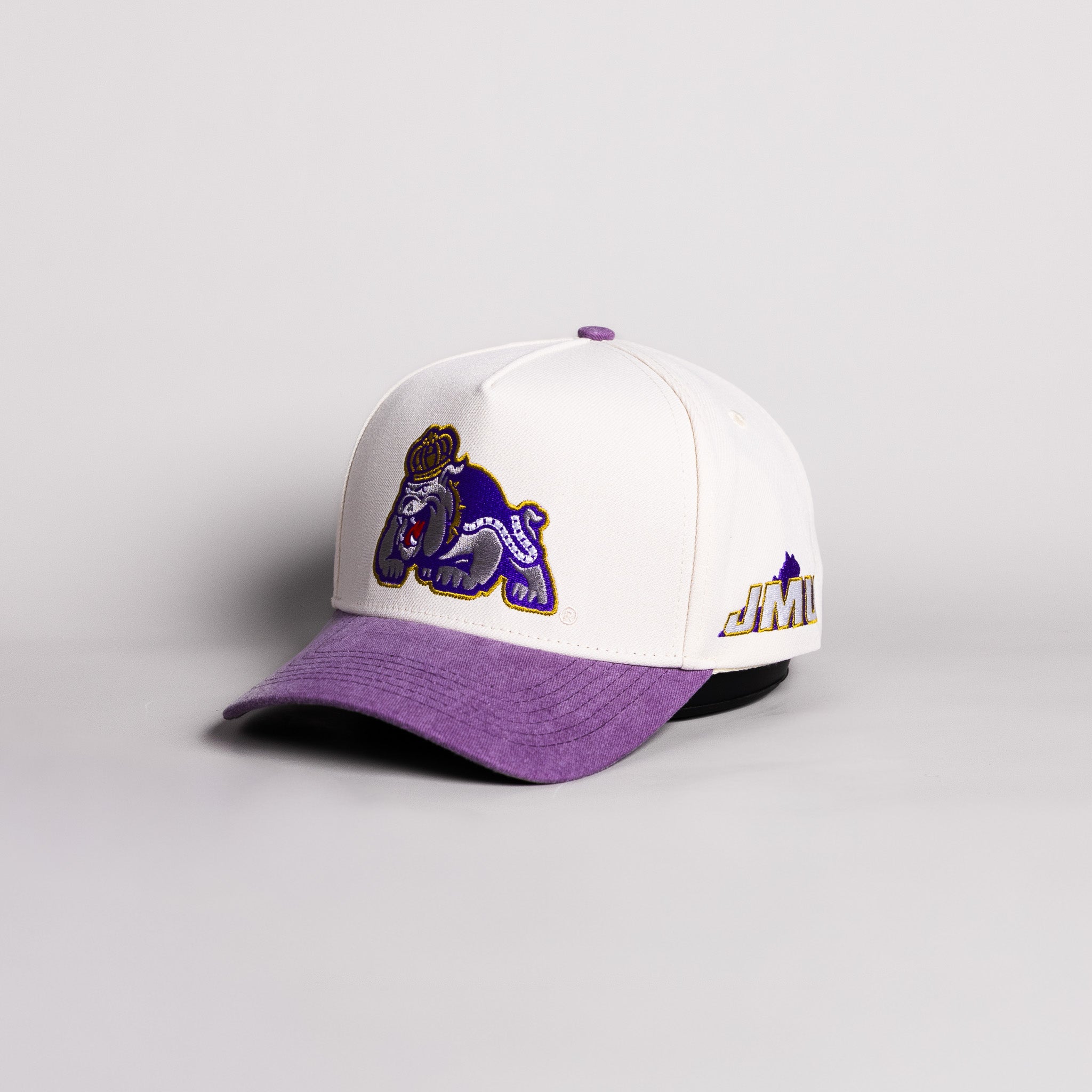 James Madison Dukes Duke Dog Hat Cream Cotton Purple Suede Brim JMU Snapback - Angled View
