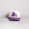 James Madison Dukes Duke Dog Hat Cream Cotton Purple Suede Brim JMU Snapback - Front Panel