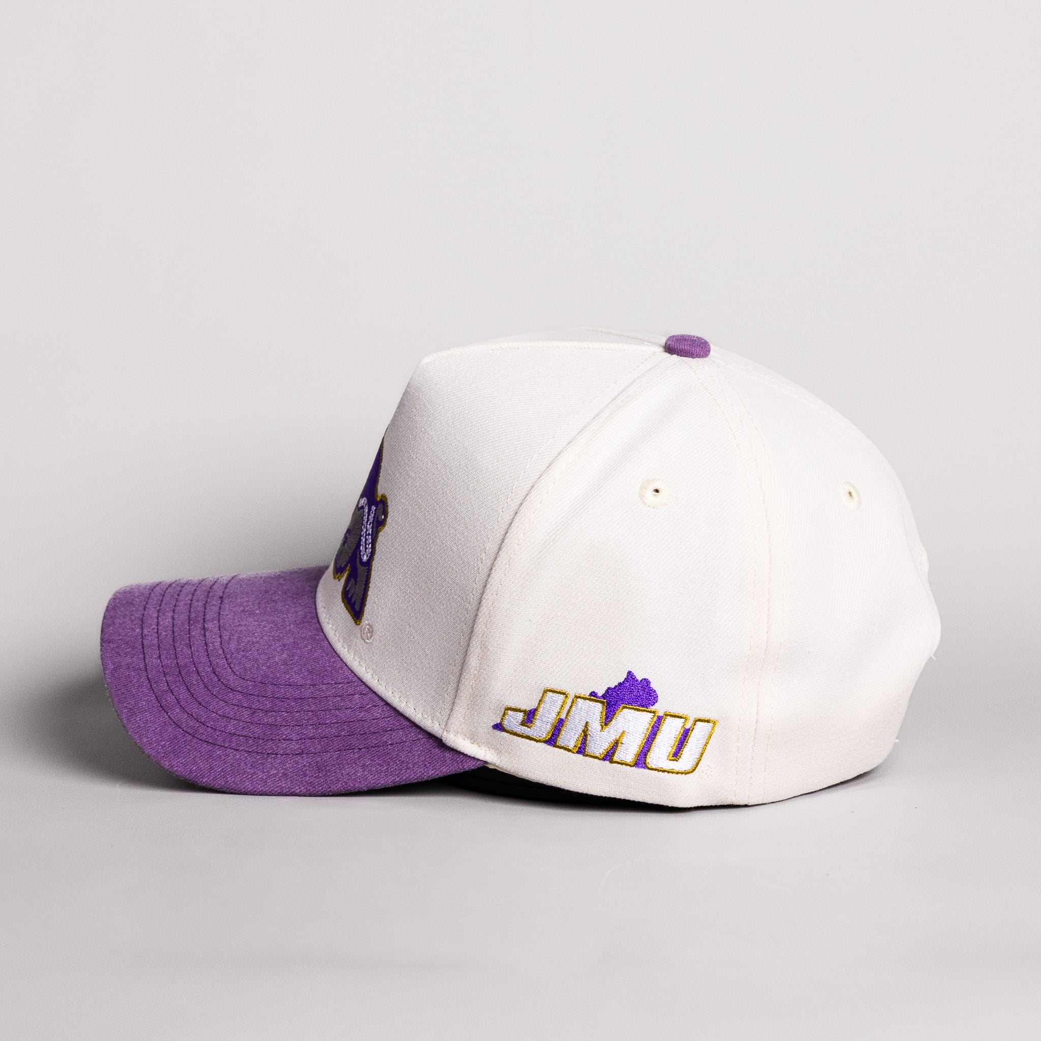 James Madison Dukes Duke Dog Hat Cream Cotton Purple Suede Brim JMU Snapback - Side JMU Patch