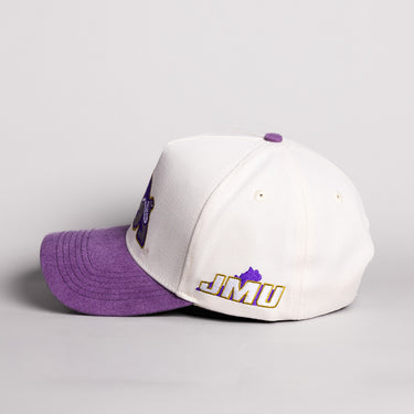 James Madison Dukes Duke Dog Hat Cream Cotton Purple Suede Brim JMU Snapback - Side JMU Patch