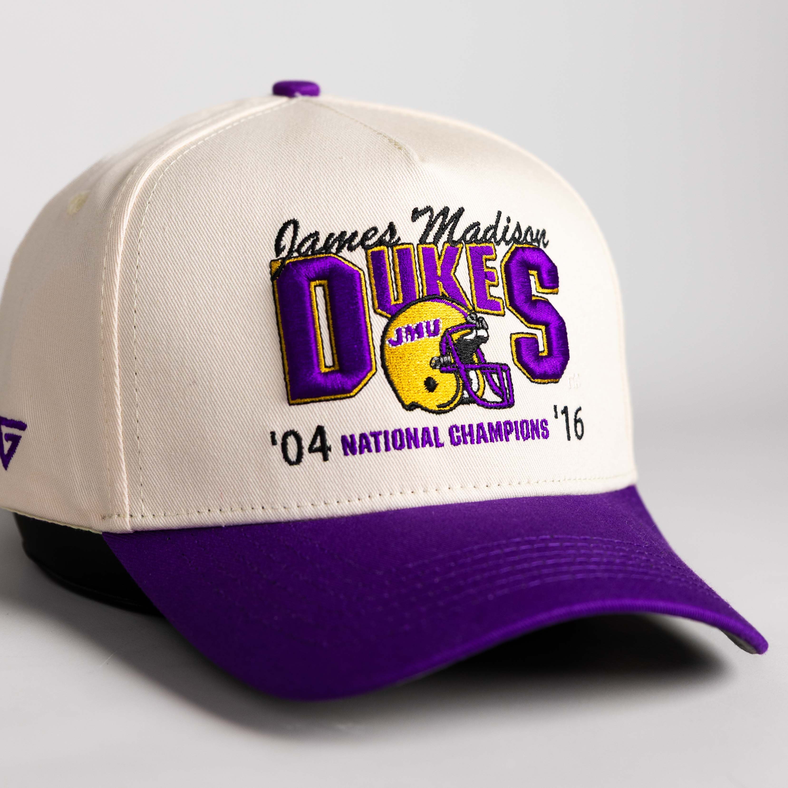 James Madison Dukes Hat Cream and Purple Natty Snapback - Angled View
