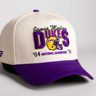 James Madison Dukes Hat Cream and Purple Natty Snapback - Angled View