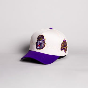 James Madison Dukes Hat Cream & Purple Script Snapback - Angled View