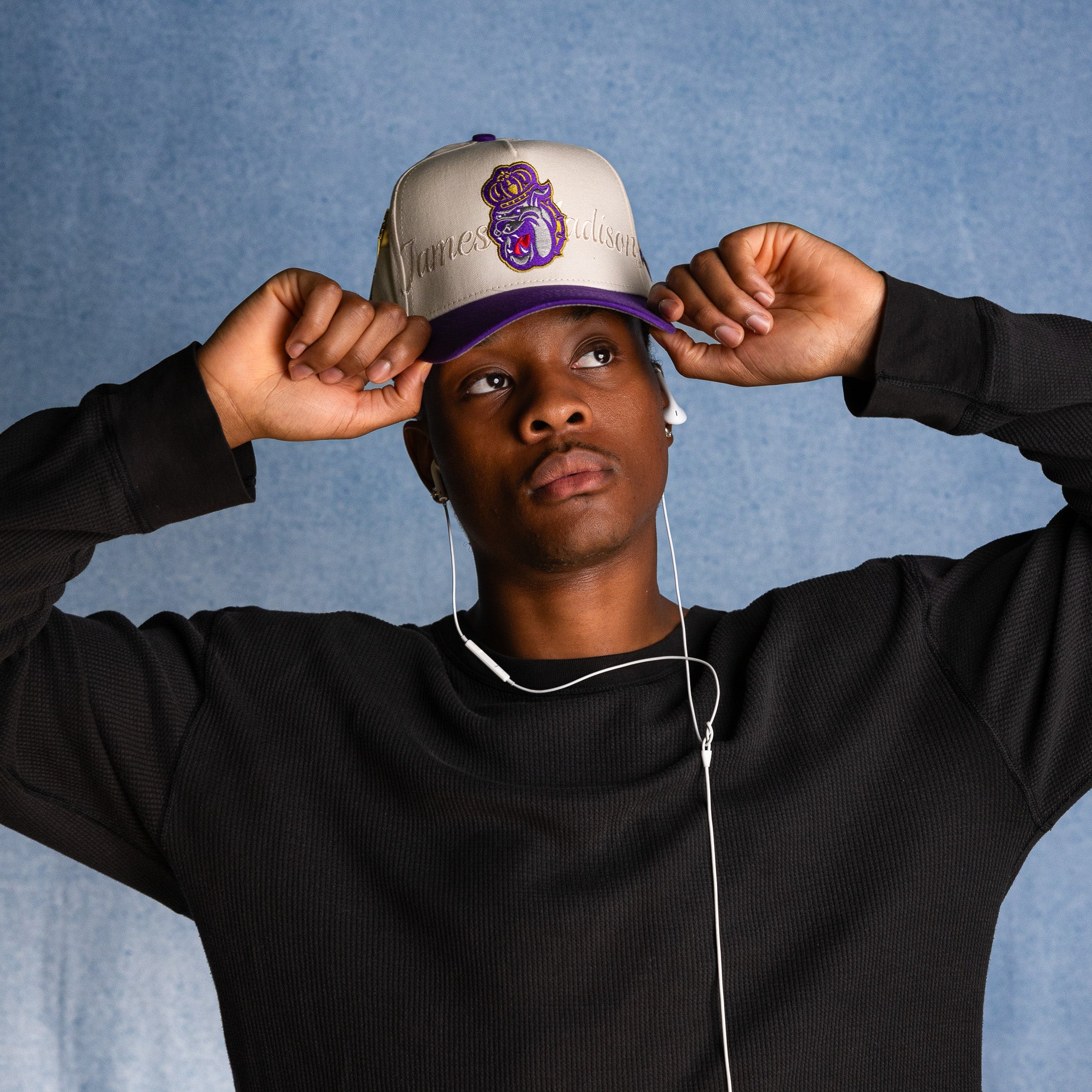 James Madison Dukes Hat Cream & Purple Script Snapback - On Model Lifestyle B