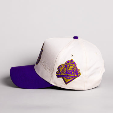 James Madison Dukes Hat Cream & Purple Script Snapback - Side Patch