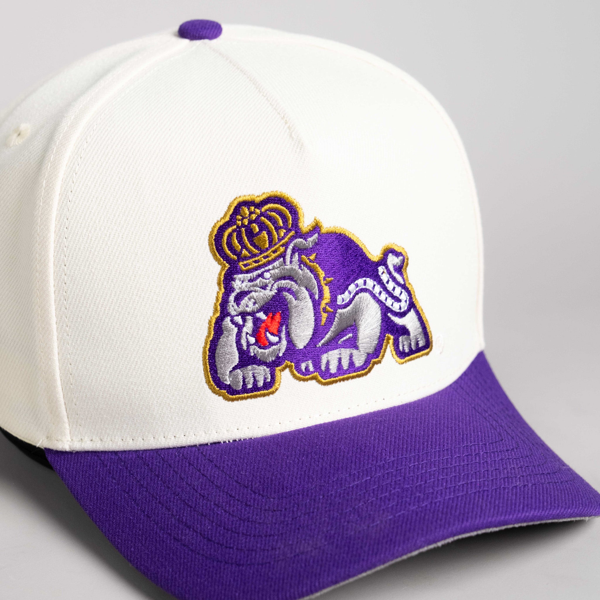 James Madison Dukes Hat Cream & Purple Side Stadium Snapback - Angled View
