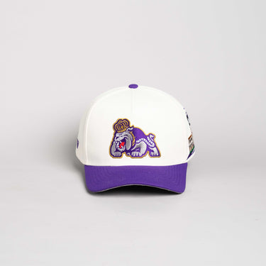 James Madison Dukes Hat Cream & Purple Side Stadium Snapback - Front Panel