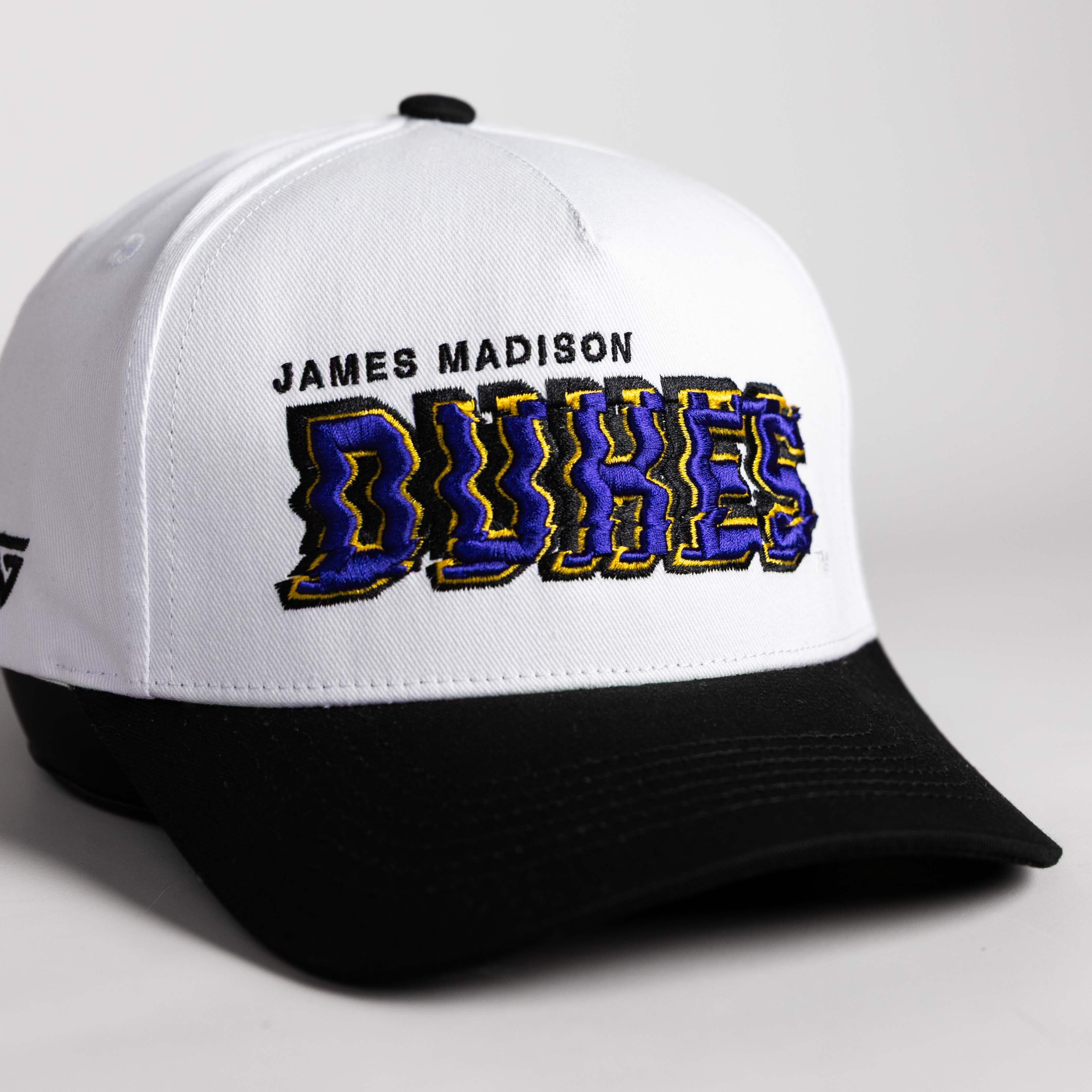 James Madison Dukes Hat White & Black Corduroy Stadium Pulse Snapback - Angled View