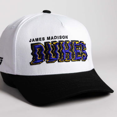 James Madison Dukes Hat White & Black Corduroy Stadium Pulse Snapback - Angled View