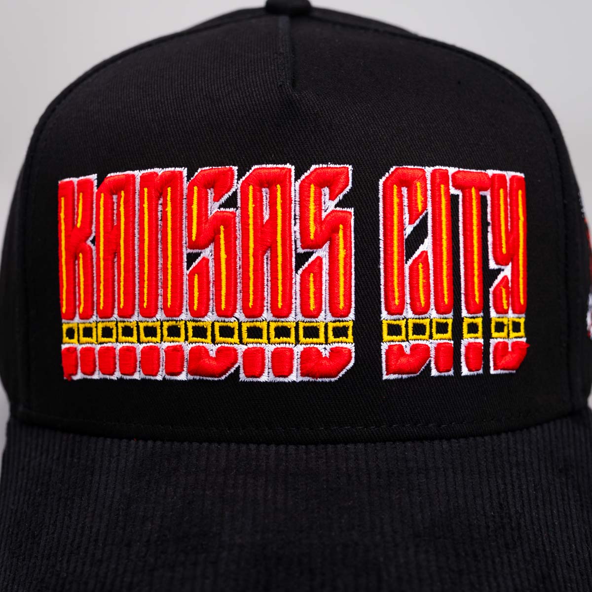 Kansas City Hat Black Corduroy Snapback with Arrows - Front Detail