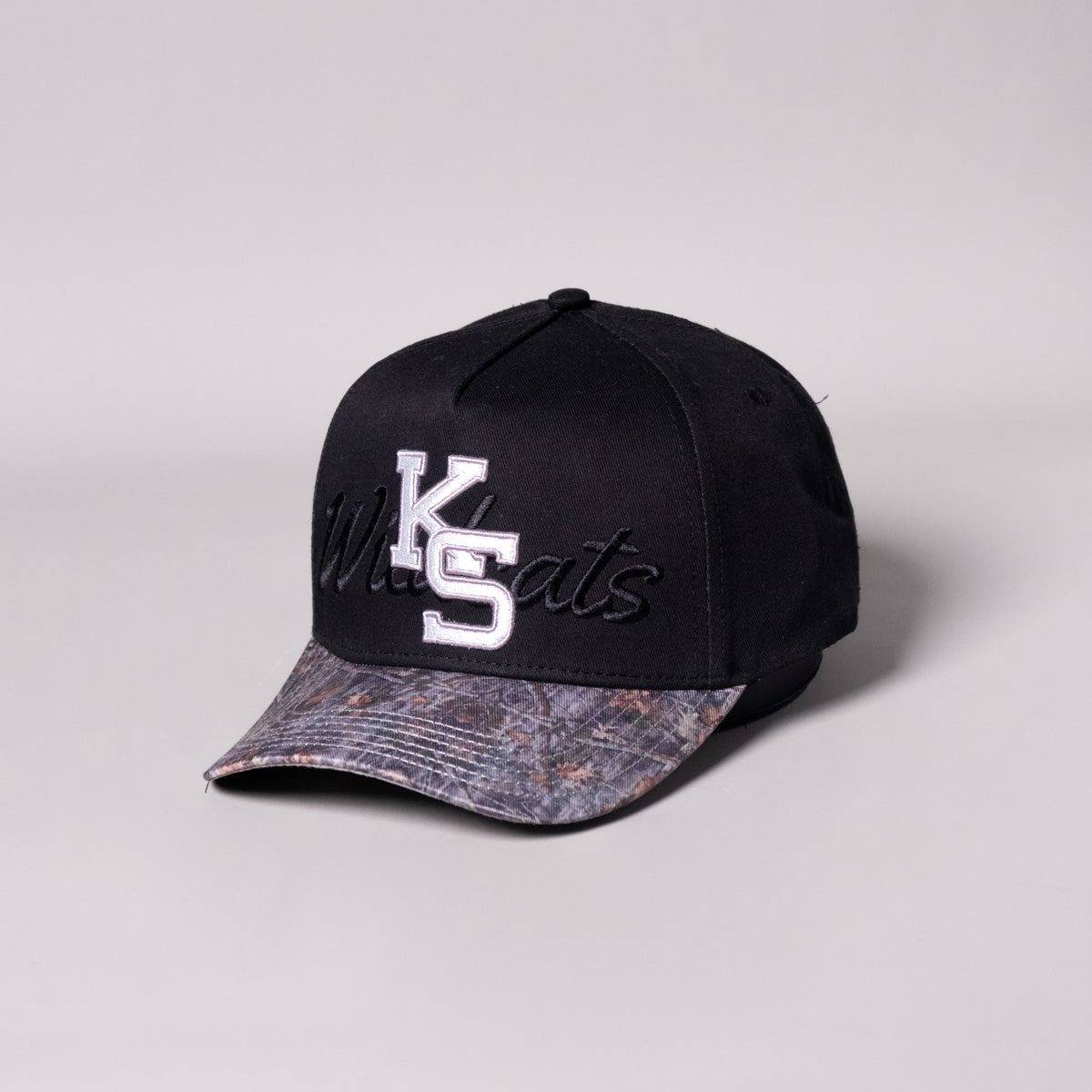 Kansas State Camo Hat - Black with Camo Brim and KS Logo - Angled View