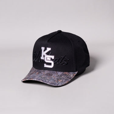 Kansas State Camo Hat - Black with Camo Brim and KS Logo - Angled View