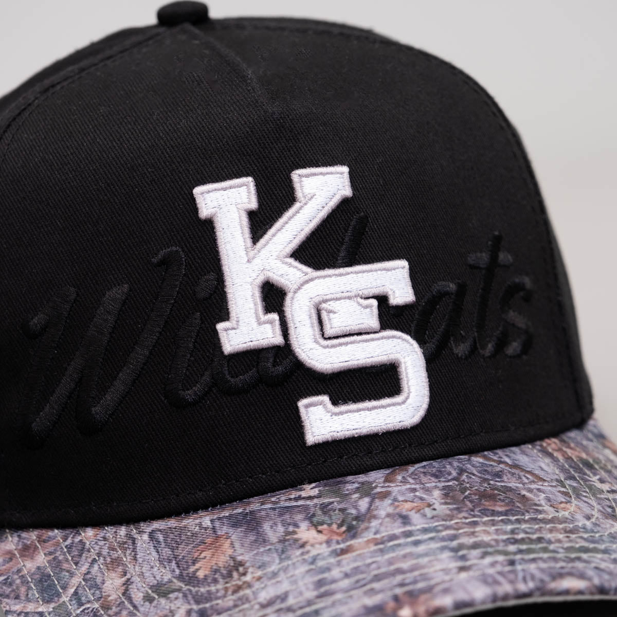 Kansas State Camo Hat - Black with Camo Brim and KS Logo - Front Detail