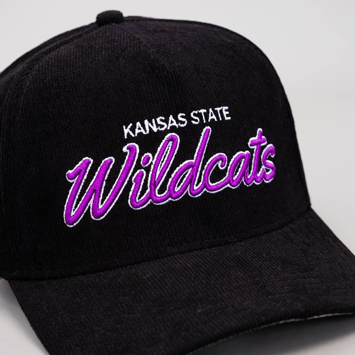 Kansas State Corduroy Hat - Black with Purple Script - Front Detail