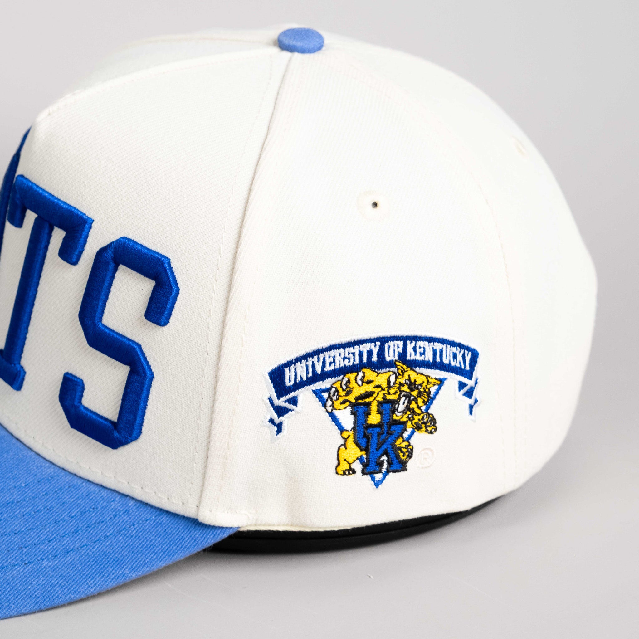 Kentucky Wildcats Hat Cream & Blue Suede Sun Fade Snapback - Side Patch Detail