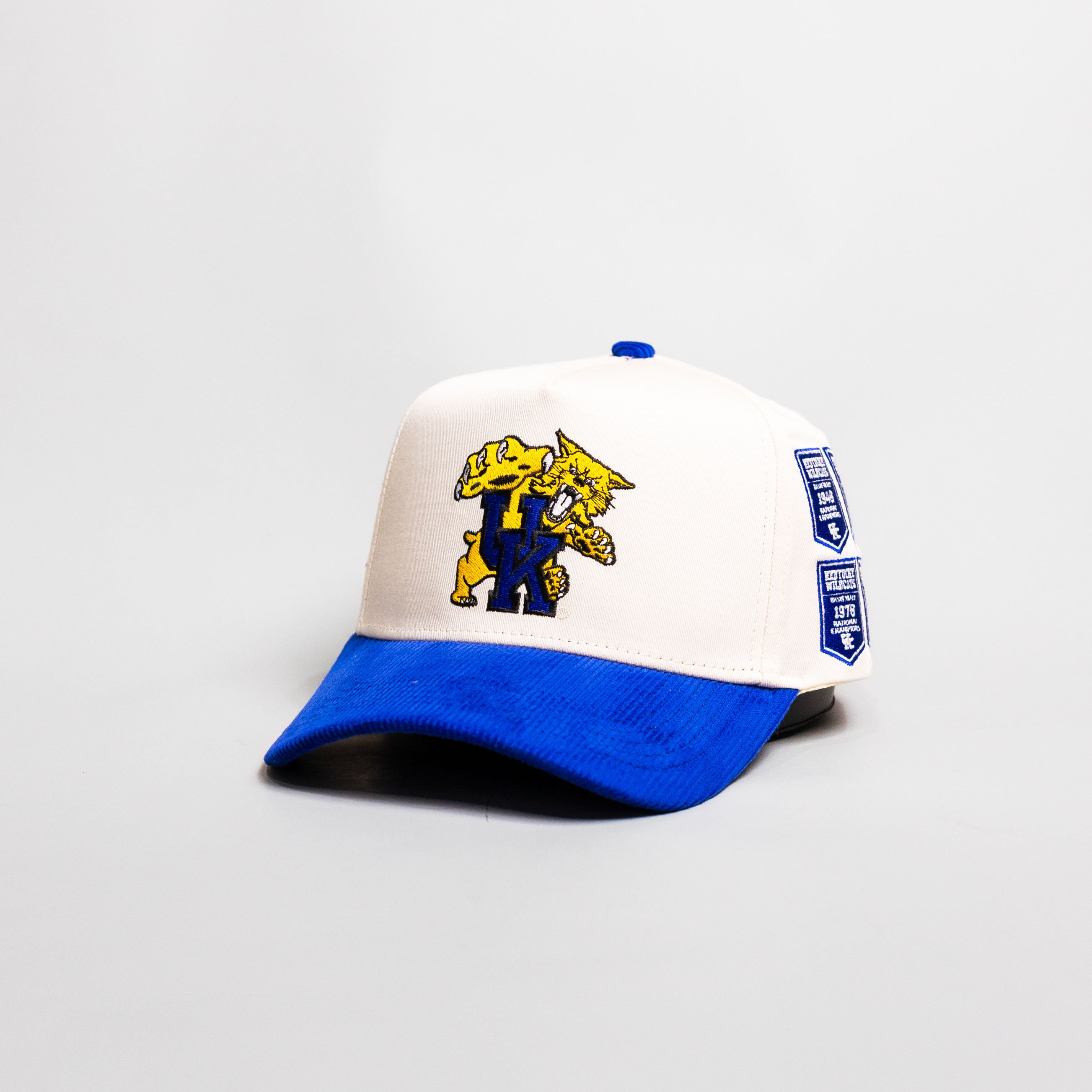 Kentucky Wildcats Hat Cream Royal Blue Corduroy Brim Banners Patch Snapback - Angled View