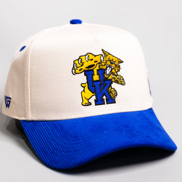 Kentucky Wildcats Hat Cream Royal Blue Corduroy Brim Banners Patch Snapback - Front Detail