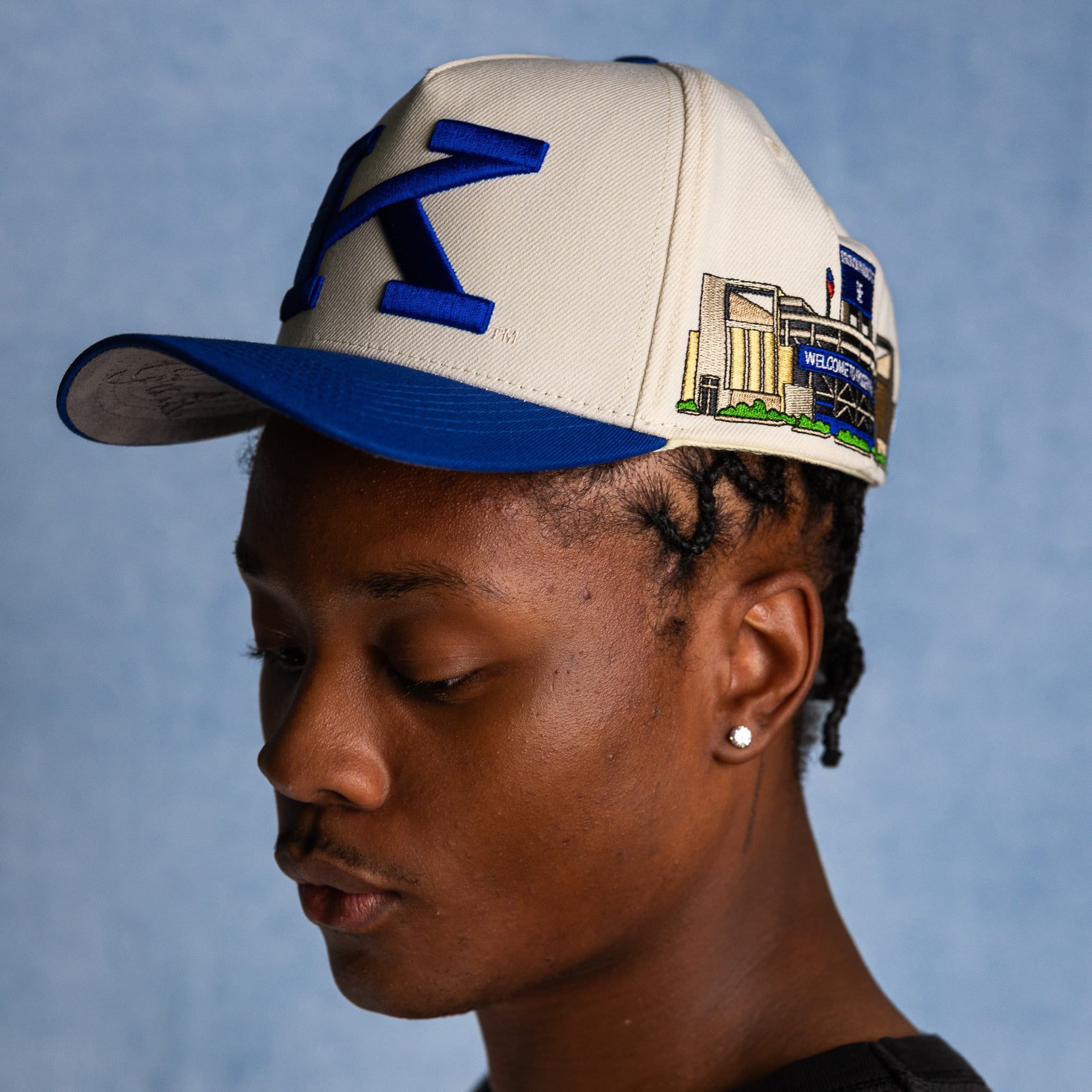 Kentucky Wildcats Hat Cream & Royal Blue Side Stadium Patch - On Model Lifestyle C