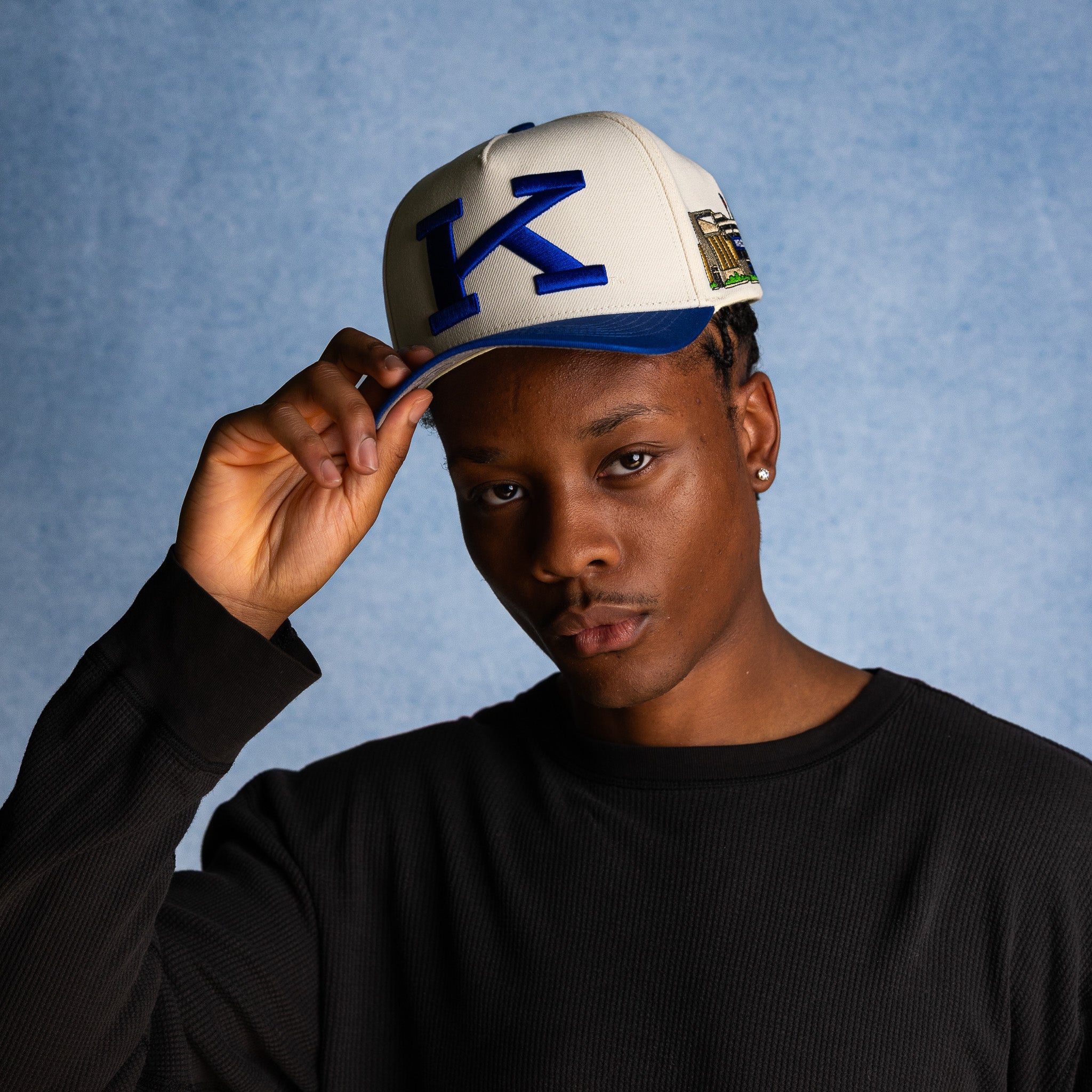 Kentucky Wildcats Hat Cream & Royal Blue Side Stadium Patch - On Model Lifestyle