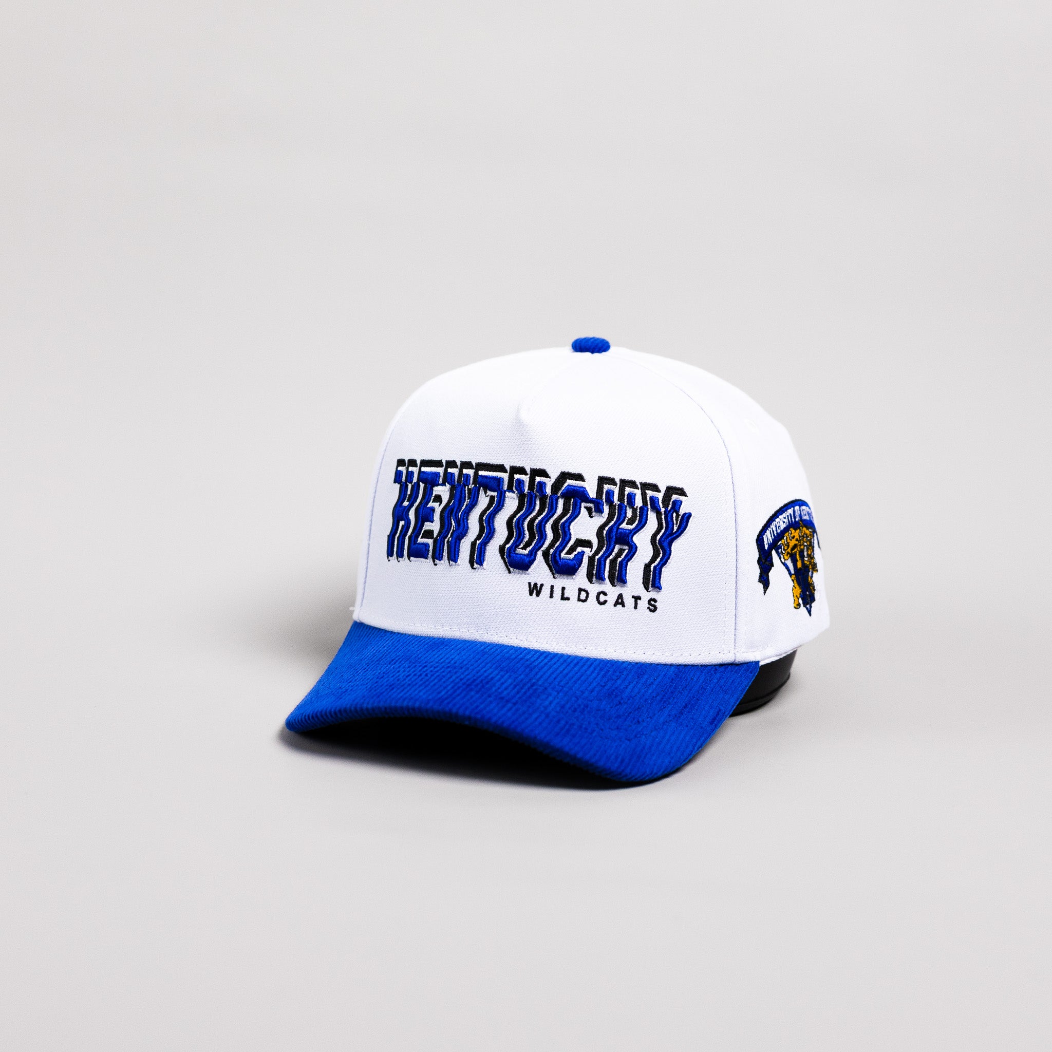 Kentucky Wildcats Hat White & Royal Blue Corduroy Stadium Pulse Snapback - Angled View