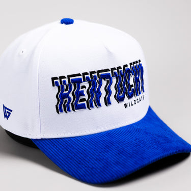 Kentucky Wildcats Hat White & Royal Blue Corduroy Stadium Pulse Snapback - Front Detail