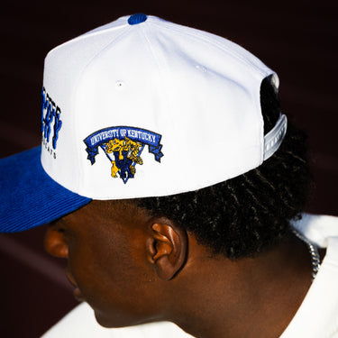 Kentucky Wildcats Hat White & Royal Blue Corduroy Stadium Pulse Snapback - On Model Lifestyle