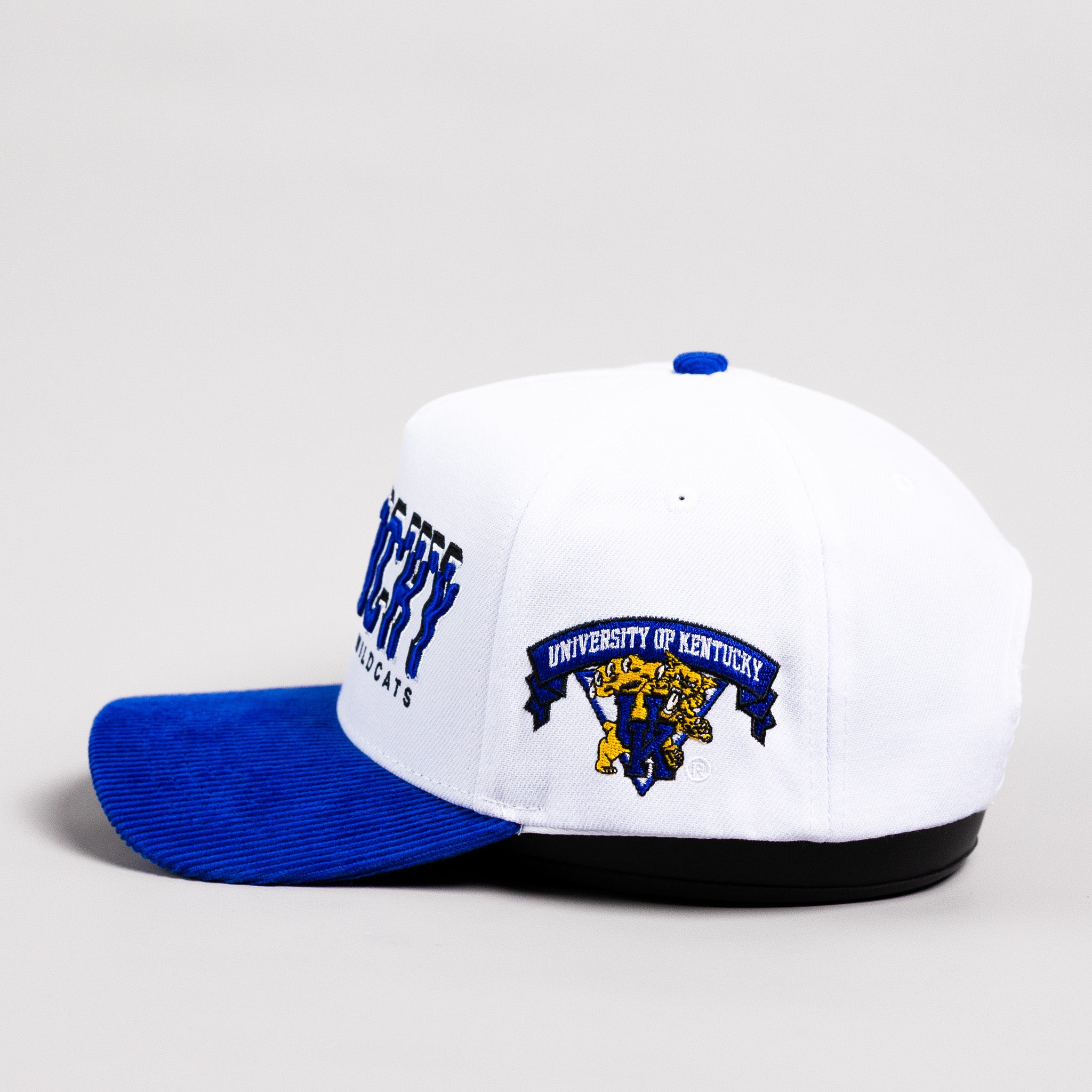 Kentucky Wildcats Hat White & Royal Blue Corduroy Stadium Pulse Snapback - Side Wildcat Patch