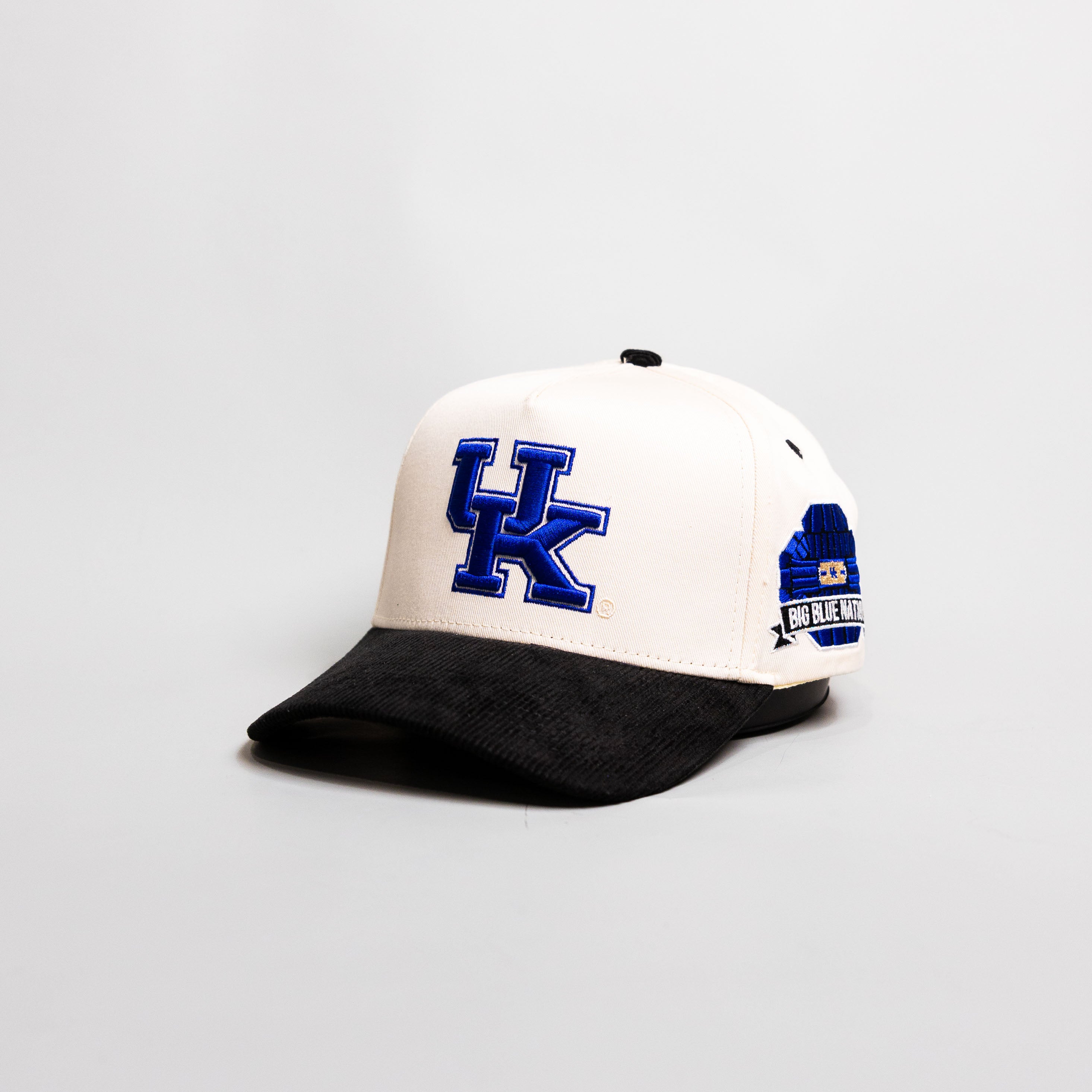 Kentucky Wildcats UK Hat Cream Black Corduroy Brim Wildcats Patch Snapback - Angled View