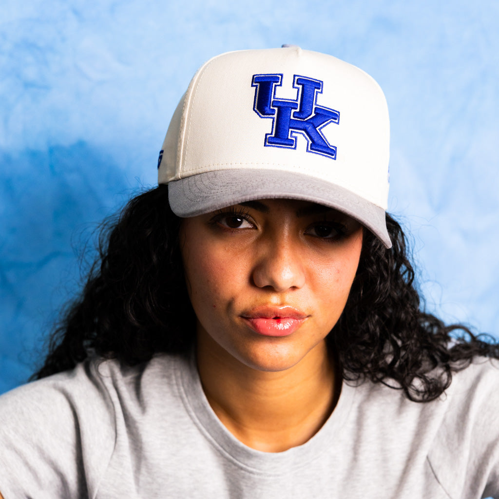Kentucky Wildcats UK Hat Cream Grey Suede Brim Wildcats Patch Snapback UK - On Model Portrait Lifestyle