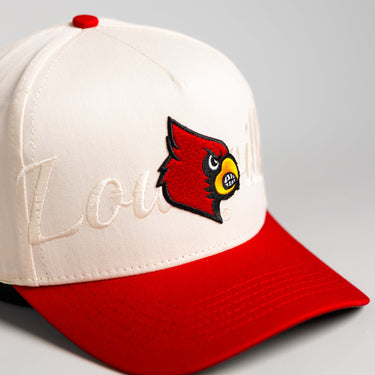 Louisville Cardinals Hat Cream & Cardinal Logo Script Snapback - Front Detail
