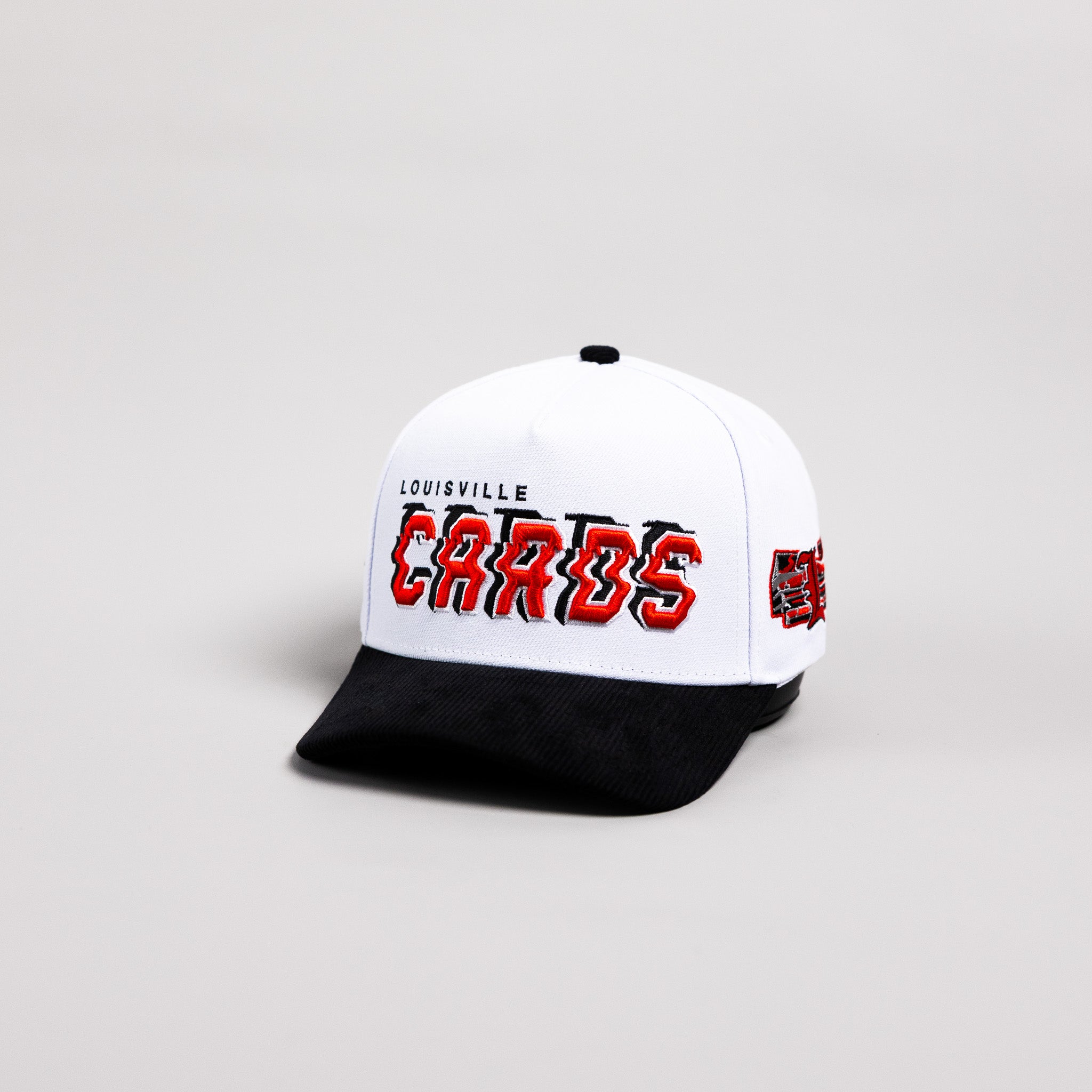 Louisville Cardinals Hat White & Black Corduroy Stadium Pulse Snapback - Angled View
