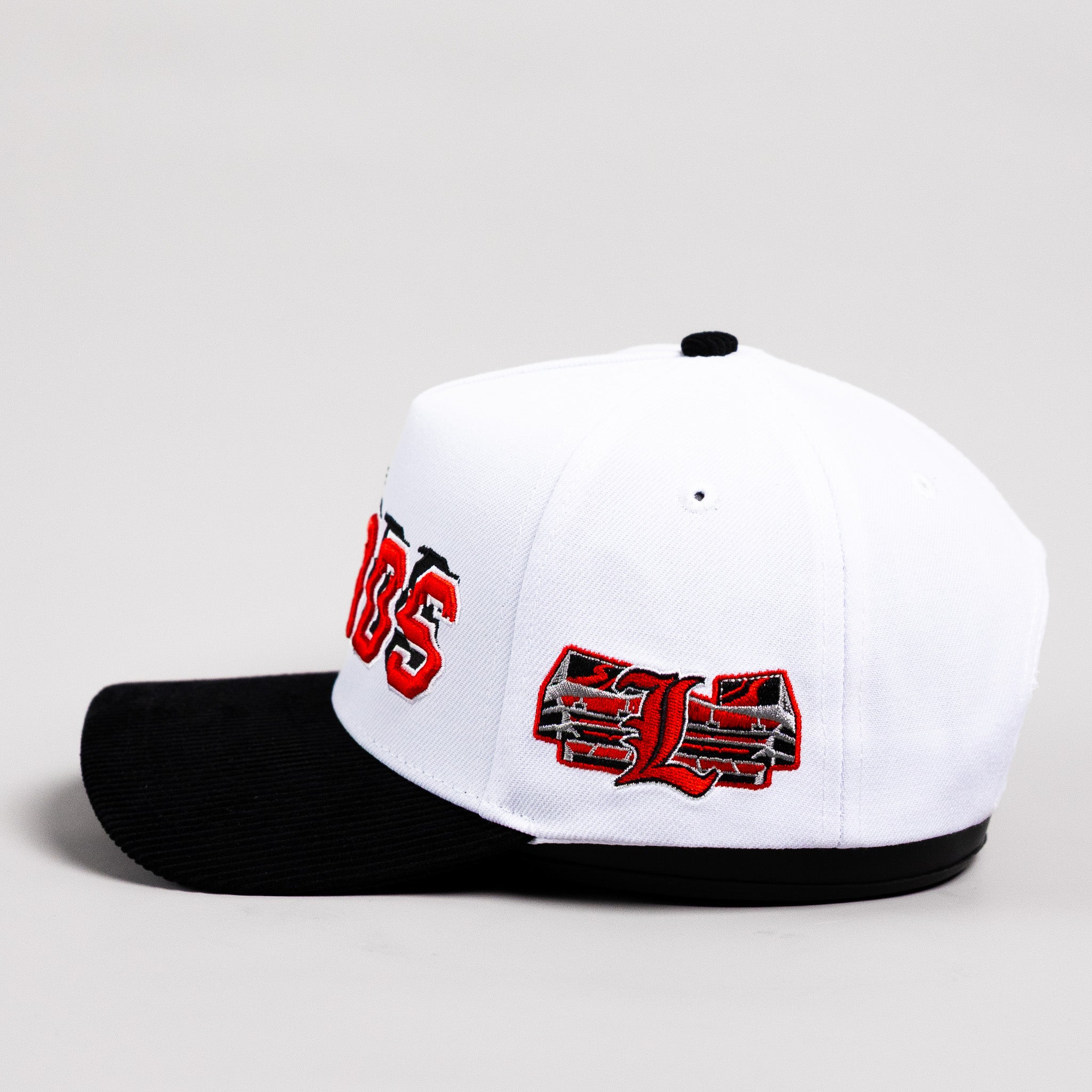 Louisville Cardinals Hat White & Black Corduroy Stadium Pulse Snapback - Side L Patch