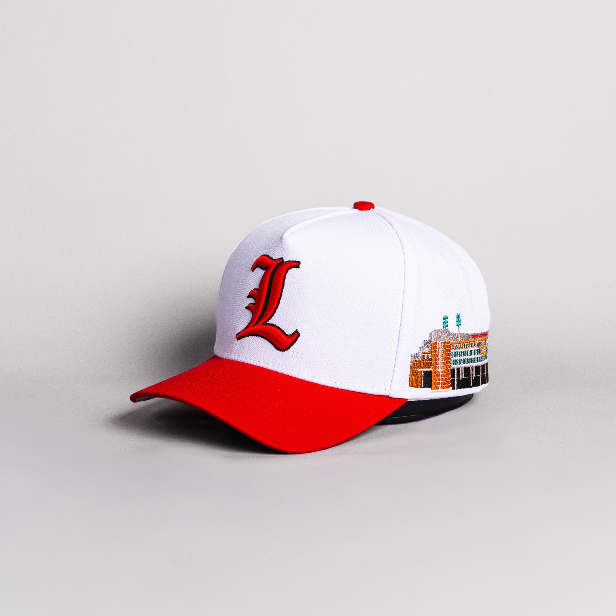Louisville Cardinals Hat White & Red Side Stadium Snapback - Angled View
