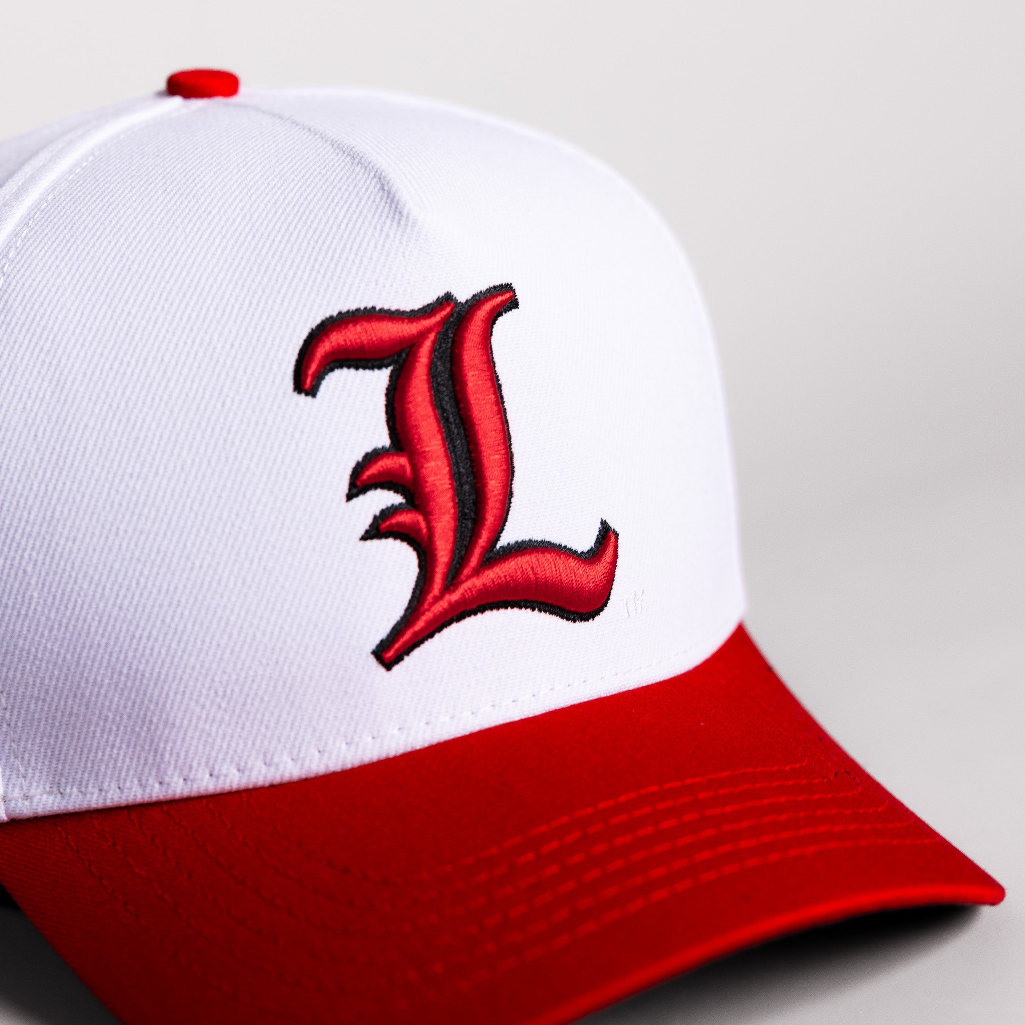 Louisville Cardinals Hat White & Red Side Stadium Snapback - Front Detail