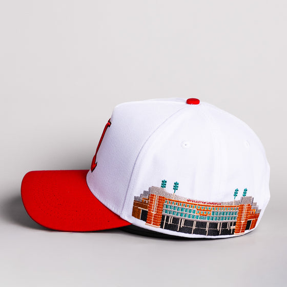 Louisville Cardinals Hat White & Red Side Stadium Snapback - Side Stadium