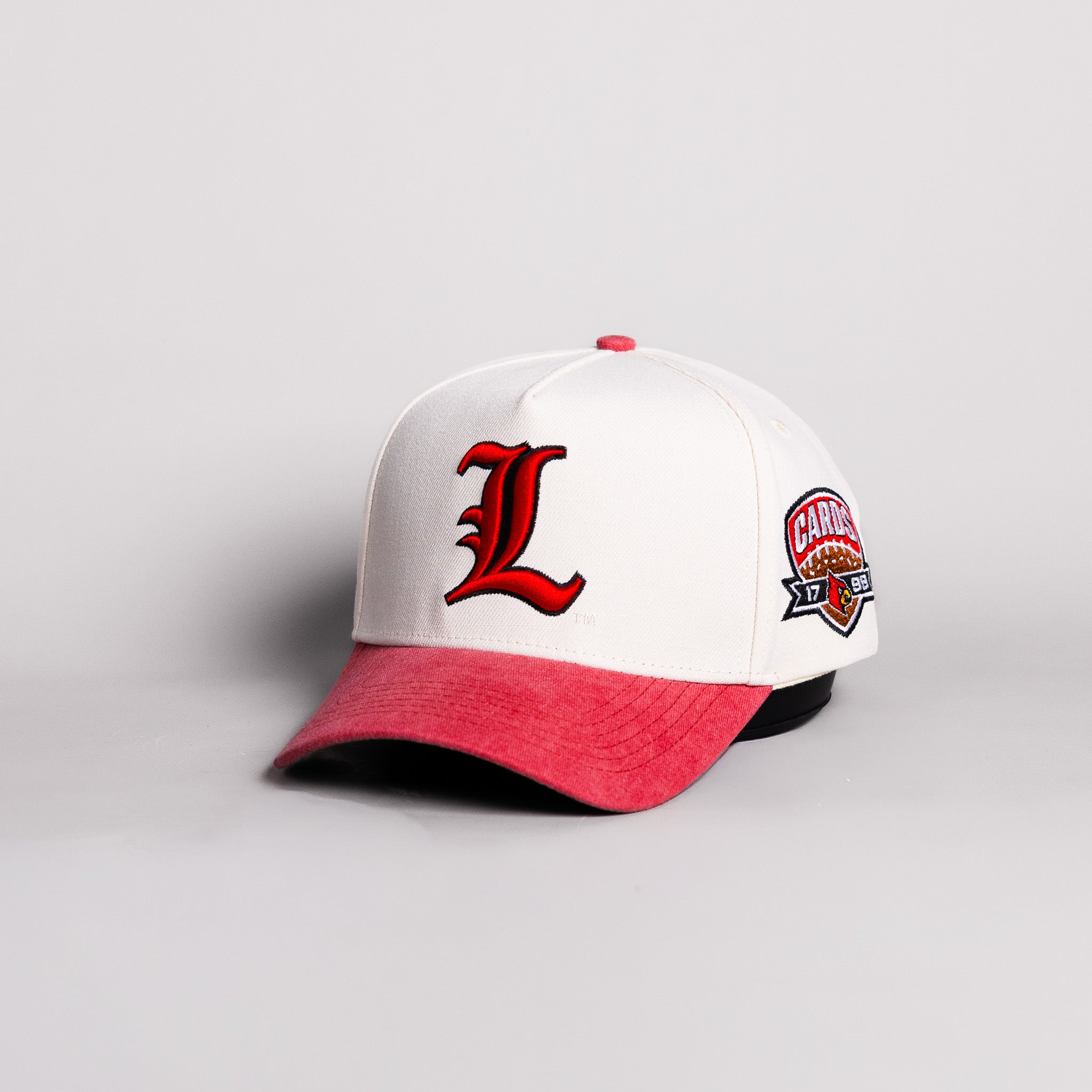 Louisville Cardinals Old English L Hat Cream Cotton Cardinal Suede Brim Cards Patch Snapback - Angled View