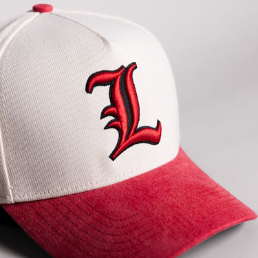 Louisville Cardinals Old English L Hat Cream Cotton Cardinal Suede Brim Cards Patch Snapback - Front Detail