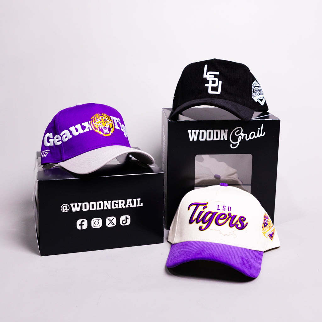 LSU Tigers 3 Hat Bundle Purple Black & Cream - Angled View