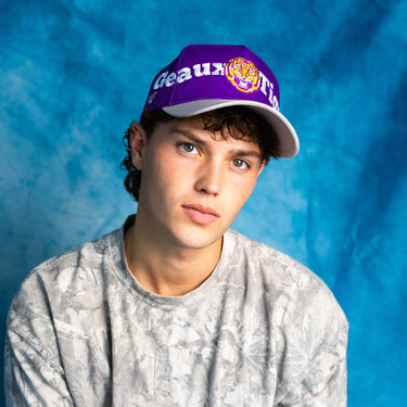 LSU Tigers Geaux Hat Purple White Brim Tiger Logo Snapback College LSU - On Model Lifestyle