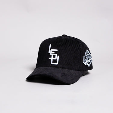 LSU Tigers Hat Black Corduroy Blacktop Snapback - Angled View