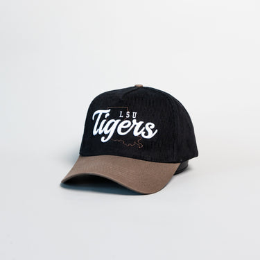 LSU Tigers Hat Black Cotton Tan Suede Brim Script Snapback College LSU - Angled View